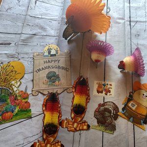 Vintage Thanksgiving cardboard cutout honeycomb decorations turkey scarecrows